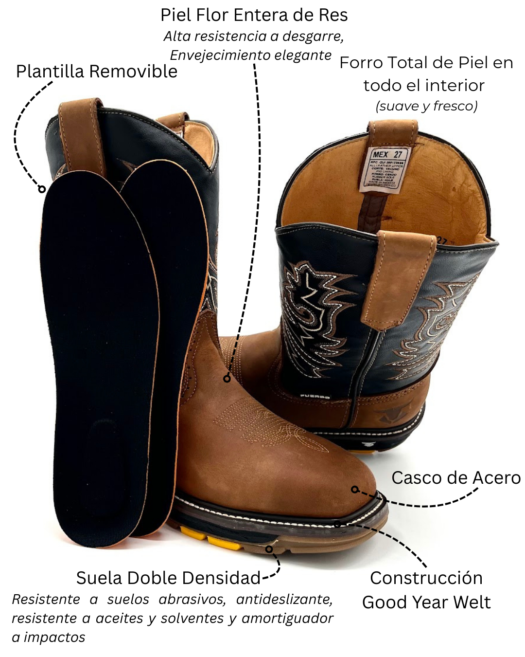 5961 Bota Rodeo Trabajo Casco de Acero - Mango